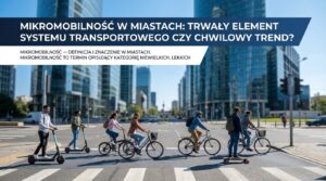 Mikromobilność w mieście: elektryczna hulajnoga zaparkowana na nowoczesnym chodniku przy ścieżce rowerowej.
