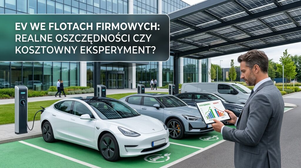 Samochody elektryczne we flocie firmowej zaparkowane przed nowoczesnym biurowcem podczas ładowania.