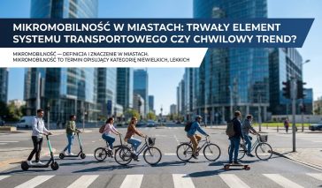 Mikromobilność w mieście: elektryczna hulajnoga zaparkowana na nowoczesnym chodniku przy ścieżce rowerowej.